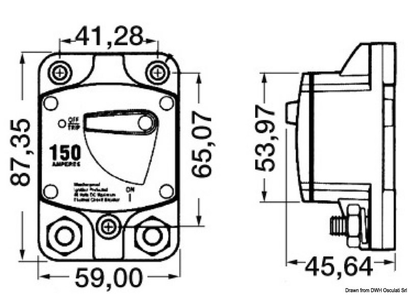 Interruttore magnetotermico stagno di protezione per verricello ed elica di prua, con terminali elettrici da 5/16"
