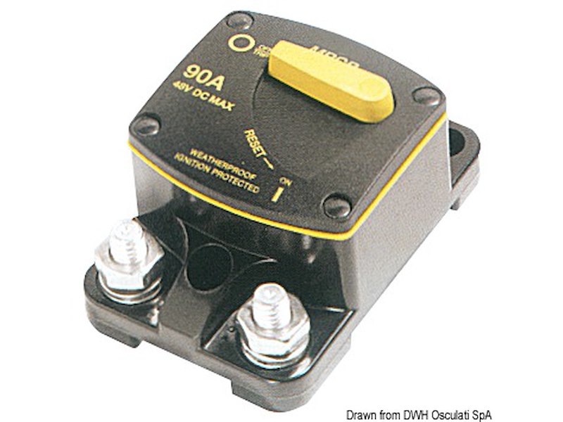 Interruttore magnetotermico stagno di protezione per verricello ed elica di prua, con terminali elettrici da 5/16"