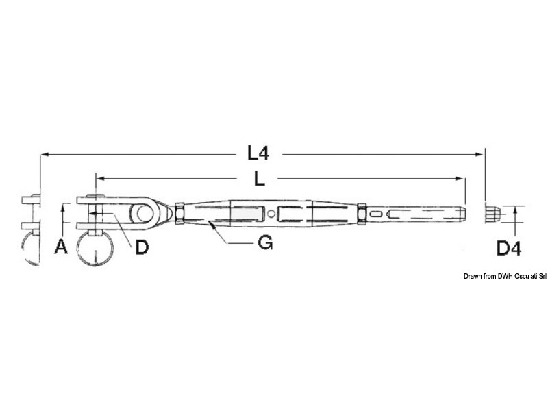Tenditore con una forcella snodata e terminale a pressare