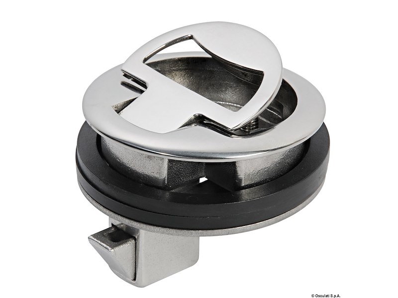 Alzapagliolo e chiusura portelli con maniglietta rientrante a molla e dente di fermo a scatto