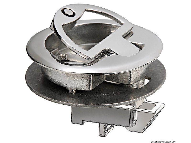 Alzapagliolo e chiusura portelli con maniglietta rientrante a molla e dente di fermo a scatto