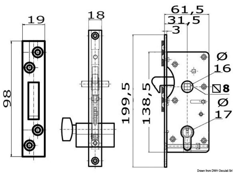 Serratura per porte scorrevoli con maniglie incassate, chiave YALE esterna, blocco interno