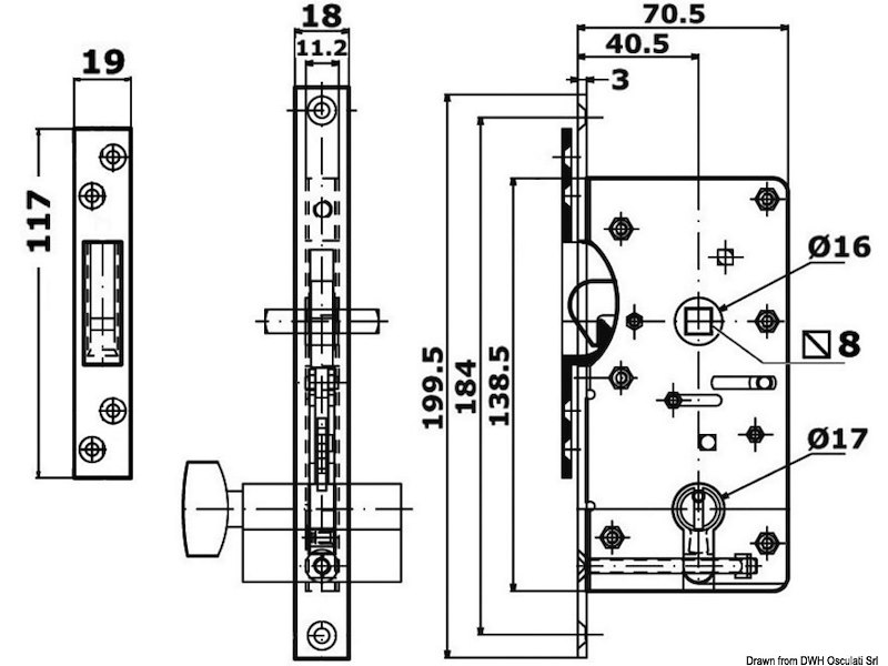Serratura per porte scorrevoli con maniglie incassate, chiave YALE esterna, blocco interno