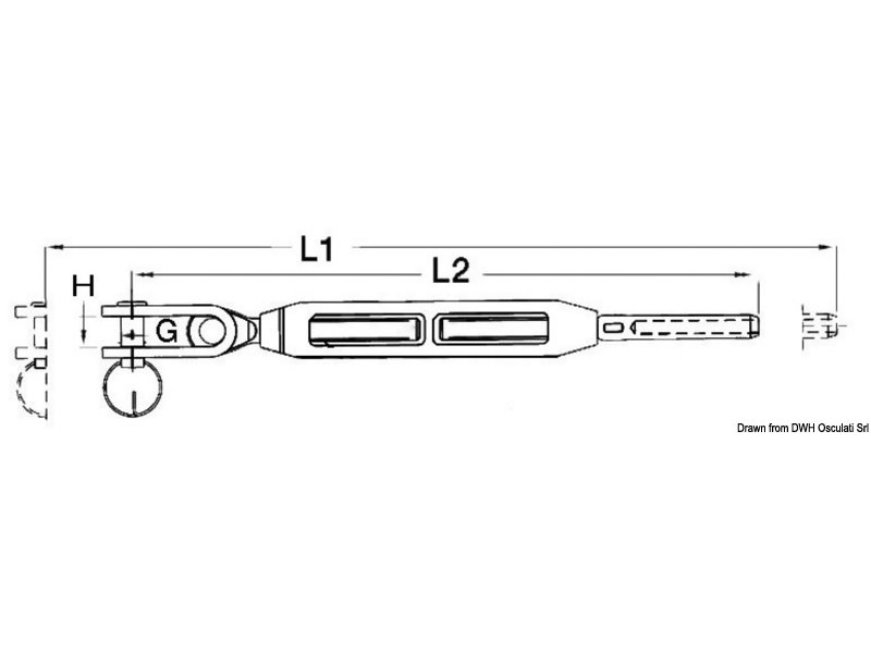 Tenditore per sartiame con cannula aperta in acciaio inox
